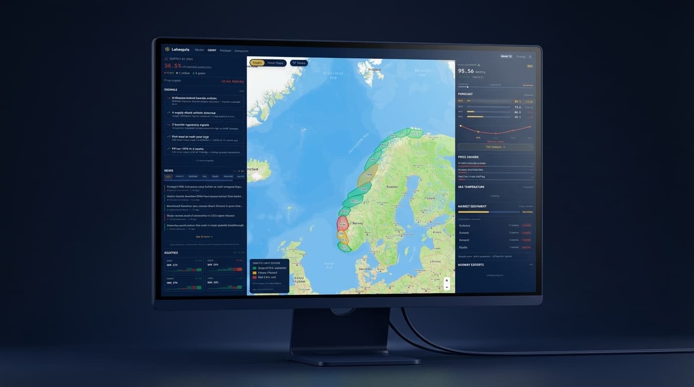 Salmocast OSINT dashboard showing salmon farm map and market data