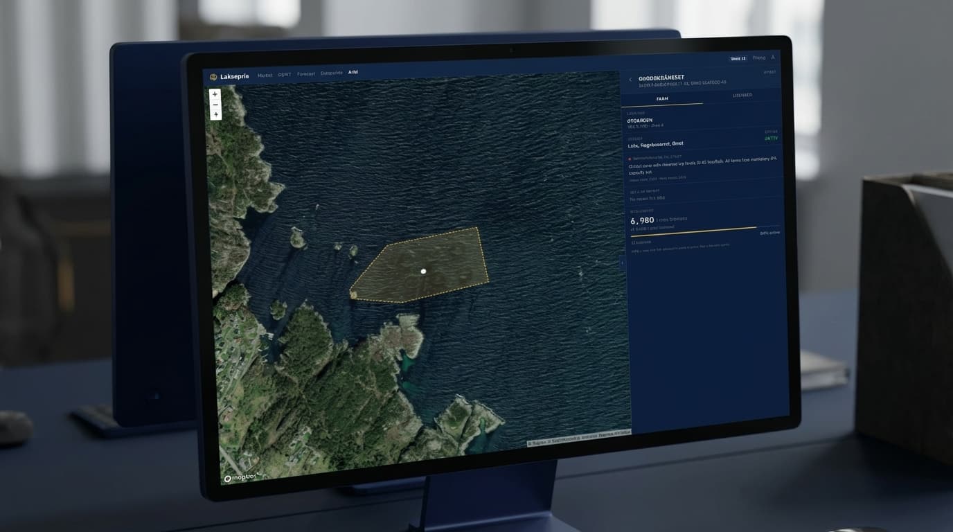 Satellite view of salmon farm with site data panel